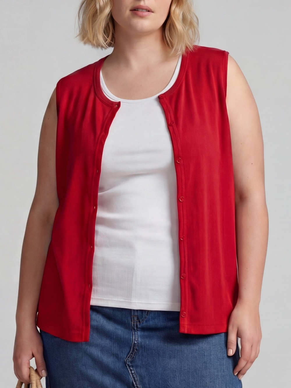 Plus size Red Button-Front Sleeveless Tank top Cardigan layered over White Tank